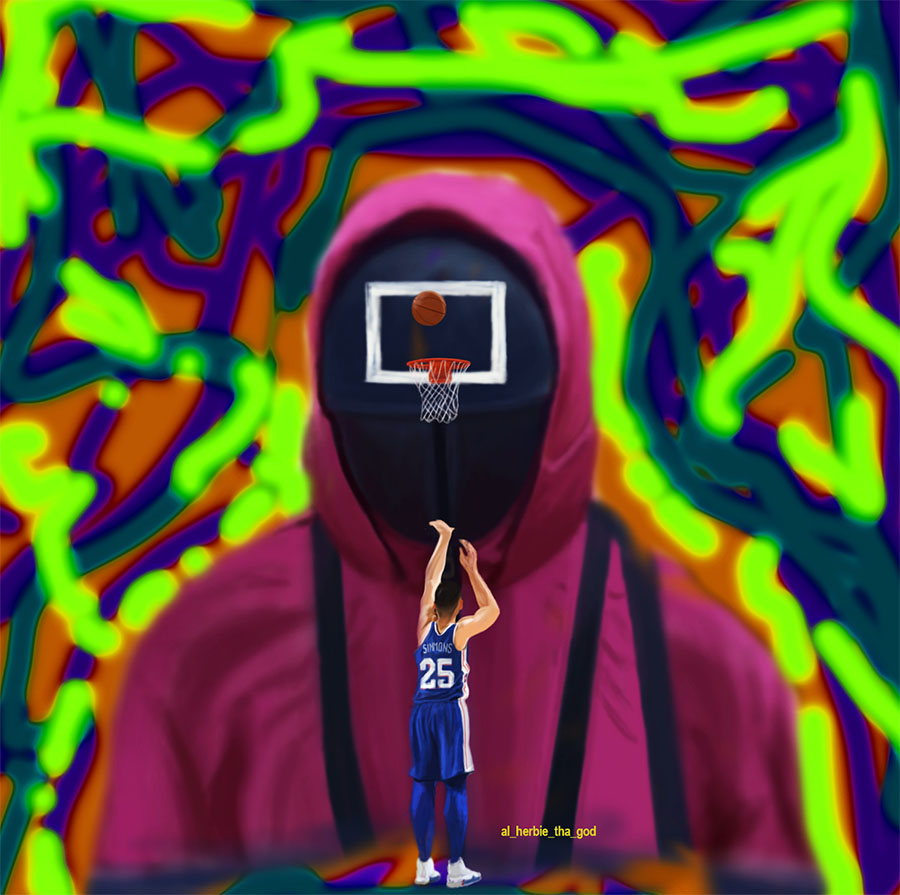  illustration Ben Simmons and a guard Squid game